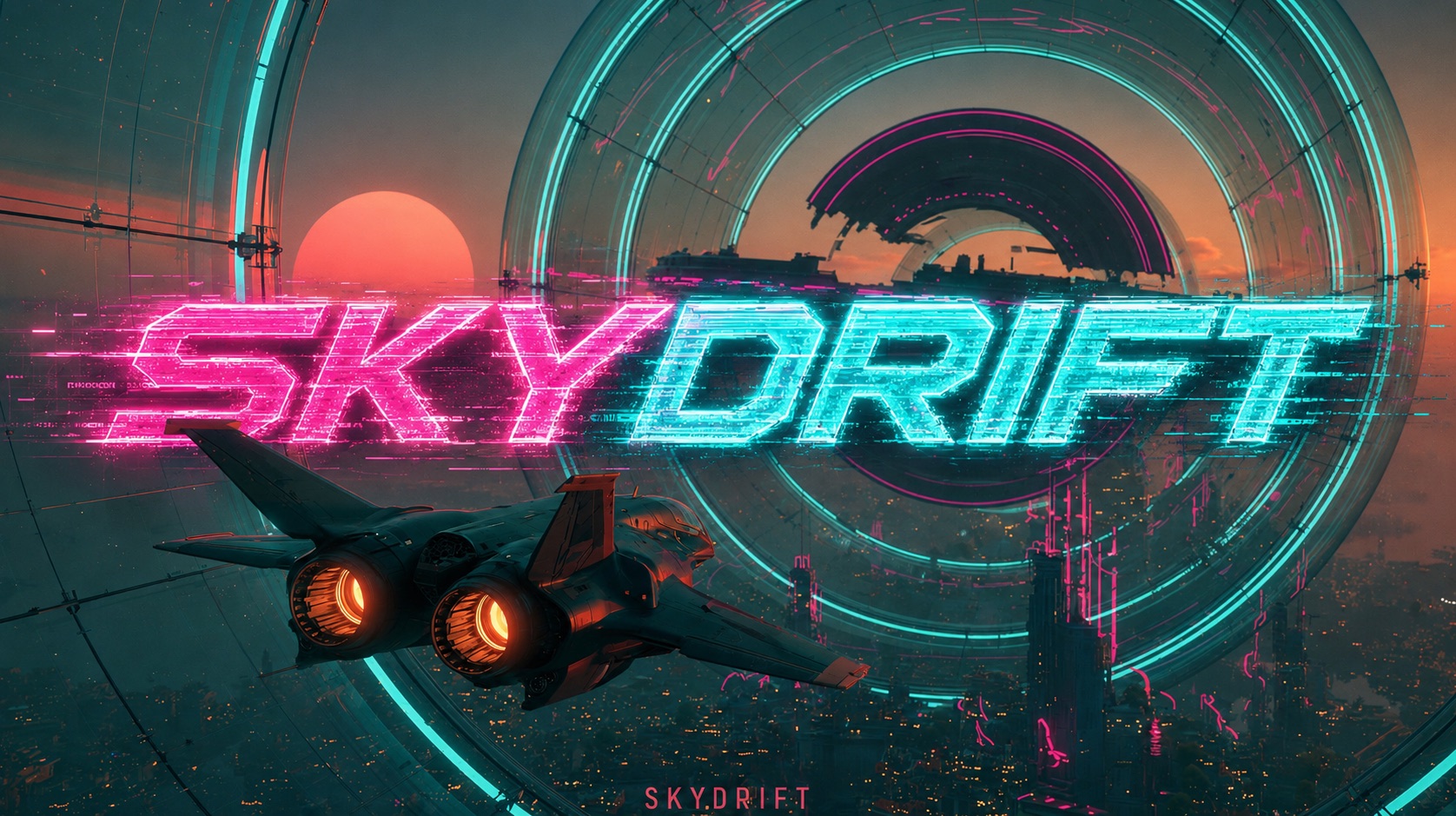 SKYDRIFT — a jet flying through a glass tunnel above a neon city at sunset